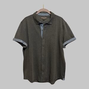 Michael Kors Men’s Button Up Denim Trim Roll Up Grey Polo Shirt Golf Size L